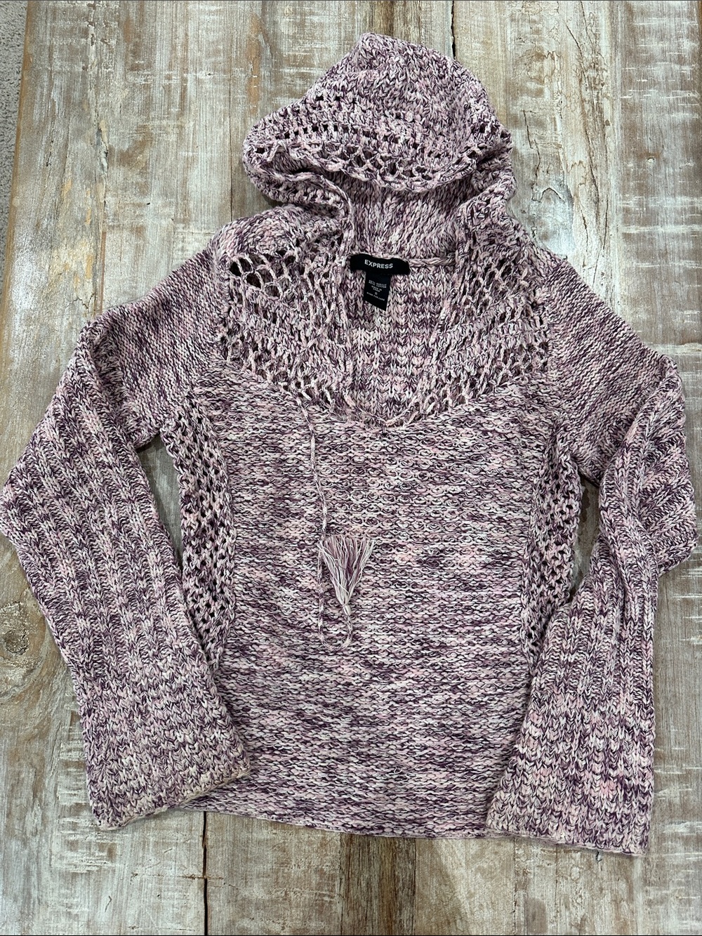 Express Lavender Heathered Knit Hoodie with Tassel Tie